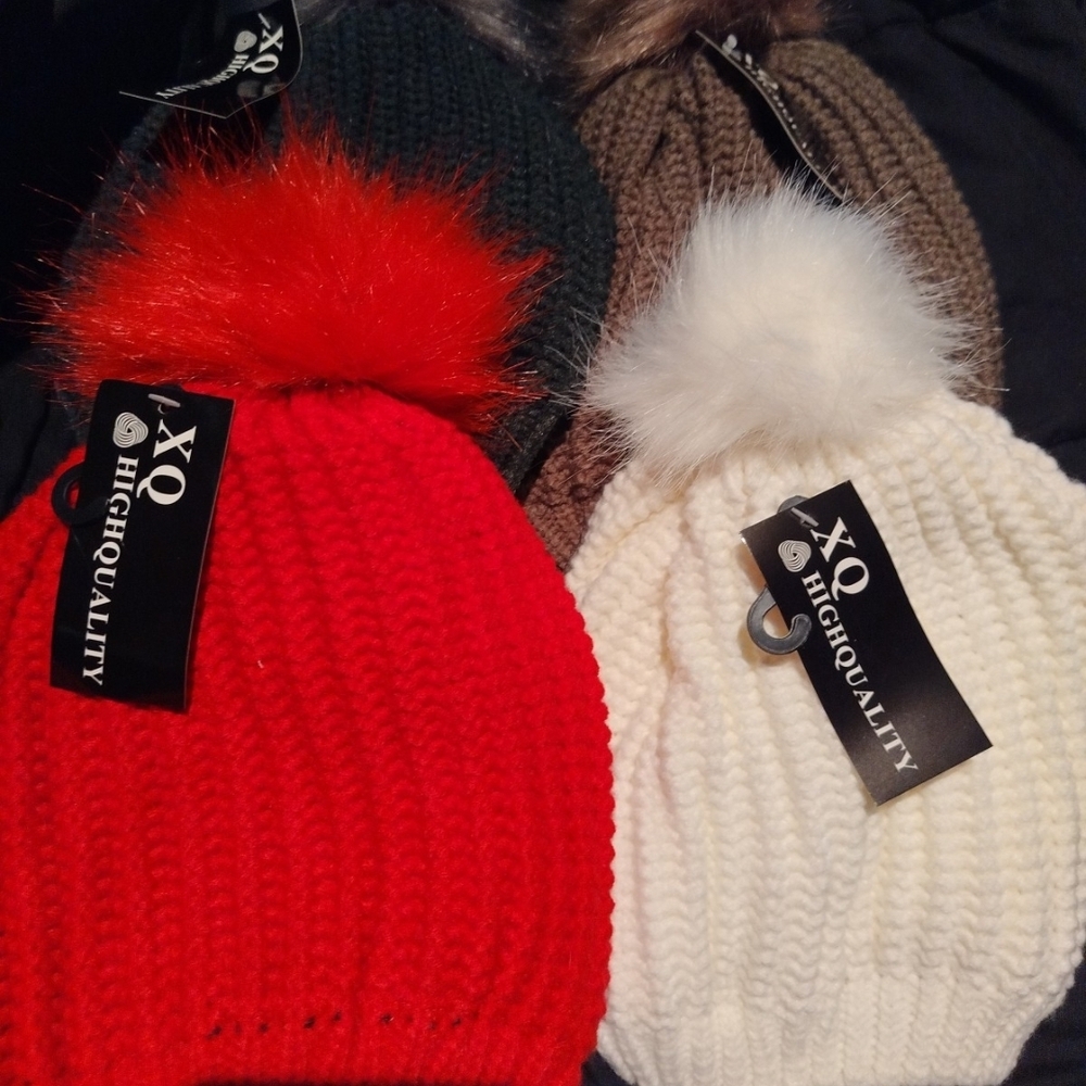 Kids Pom Pom Beanie - Red, White, Brown